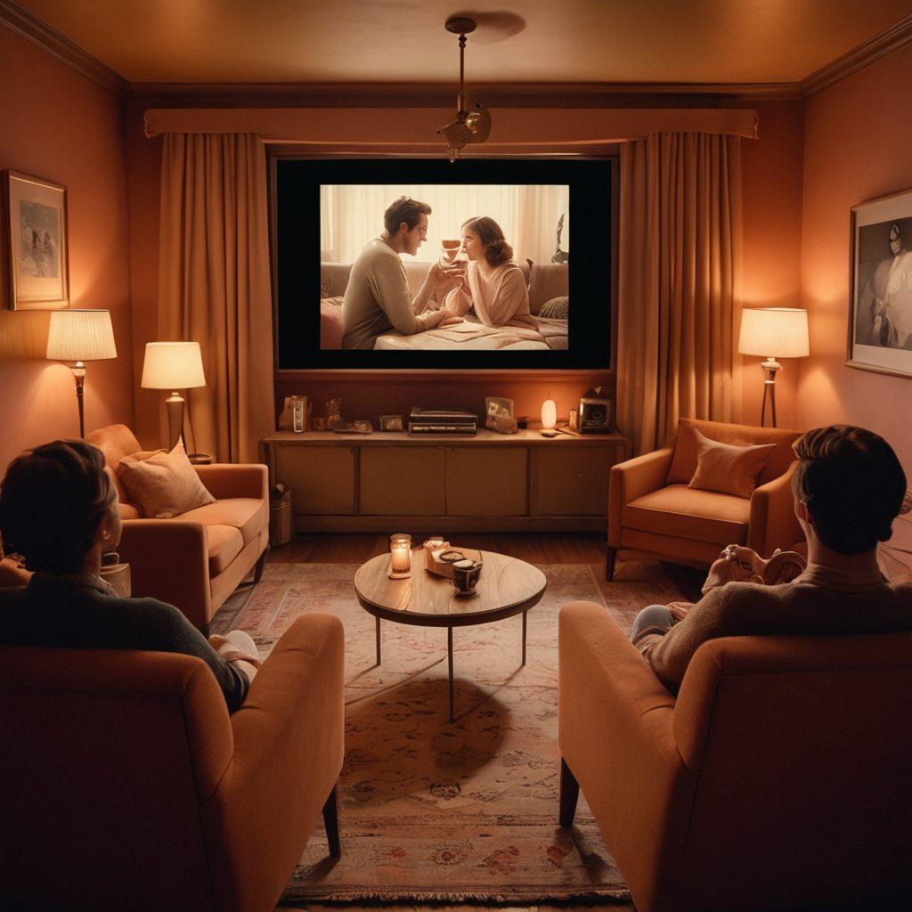A cozy, intimate film screening scene featuring a small audience captivated by a romantic independent film. The screen displays a touching love scene, with soft lighting illuminating the viewers' faces filled with emotion. Vintage film reels and a heart motif subtly integrated in the background, conveying the essence of heartfelt storytelling. Emphasize warmth and connection in the atmosphere. soft-focus. warm colors. vintage film aesthetic.