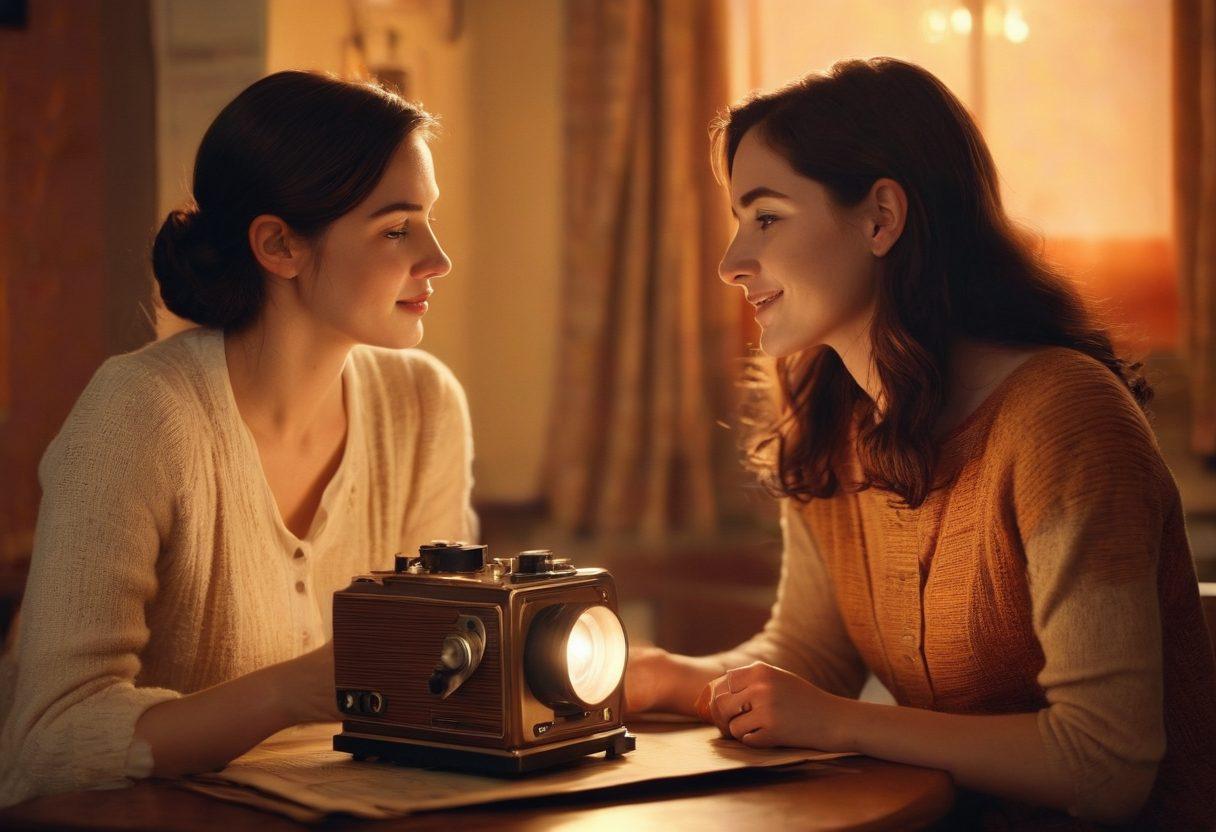 A cinematic scene depicting a cozy and intimate setting of a couple engrossed in a heartfelt conversation, with subtle expressions that convey deep emotions. In the background, a vintage film projector illuminates the scene, casting a soft glow reminiscent of independent films. Include artistic film elements like scripts and old film reels scattered around, enhancing the theme of storytelling. An ambiance filled with warm colors and soft focus to evoke nostalgia and romance. super-realistic. warm tones. soft focus.