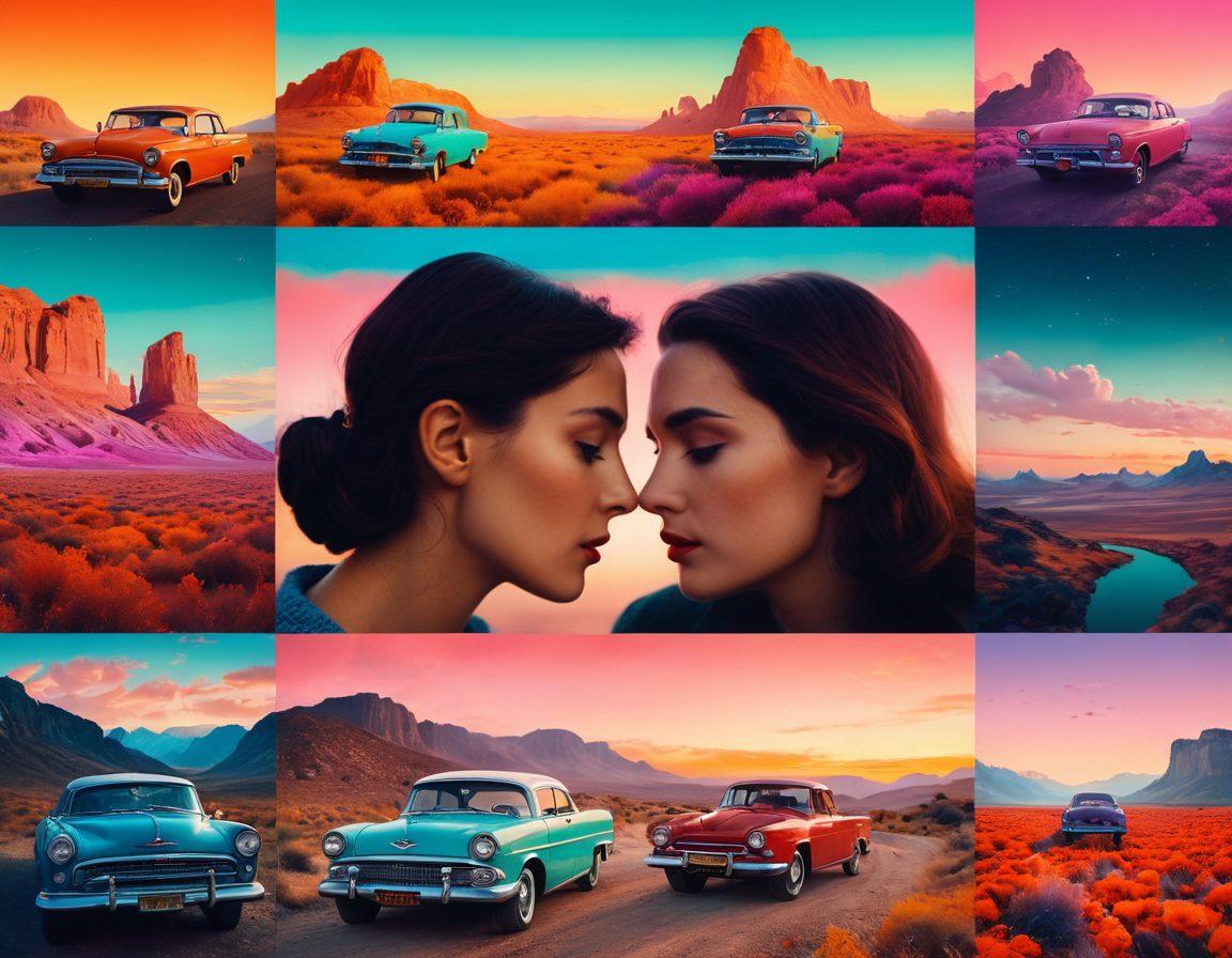 A beautifully composed scene capturing a couple sharing an intimate moment in an alternative film style, surrounded by surreal landscapes filled with dreamlike colors. The couple is depicted with exaggerated features and expressions, evoking deep emotions, while film reels and vintage cameras are subtly integrated into the background, symbolizing narrative storytelling. The overall ambiance is whimsical and thought-provoking, inviting viewers into a unique cinematic universe. vibrant colors. surrealism. cinematic style.